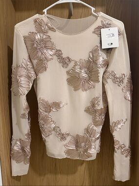 Italina Blush Cream Long-Sleeve Floral Applique Top